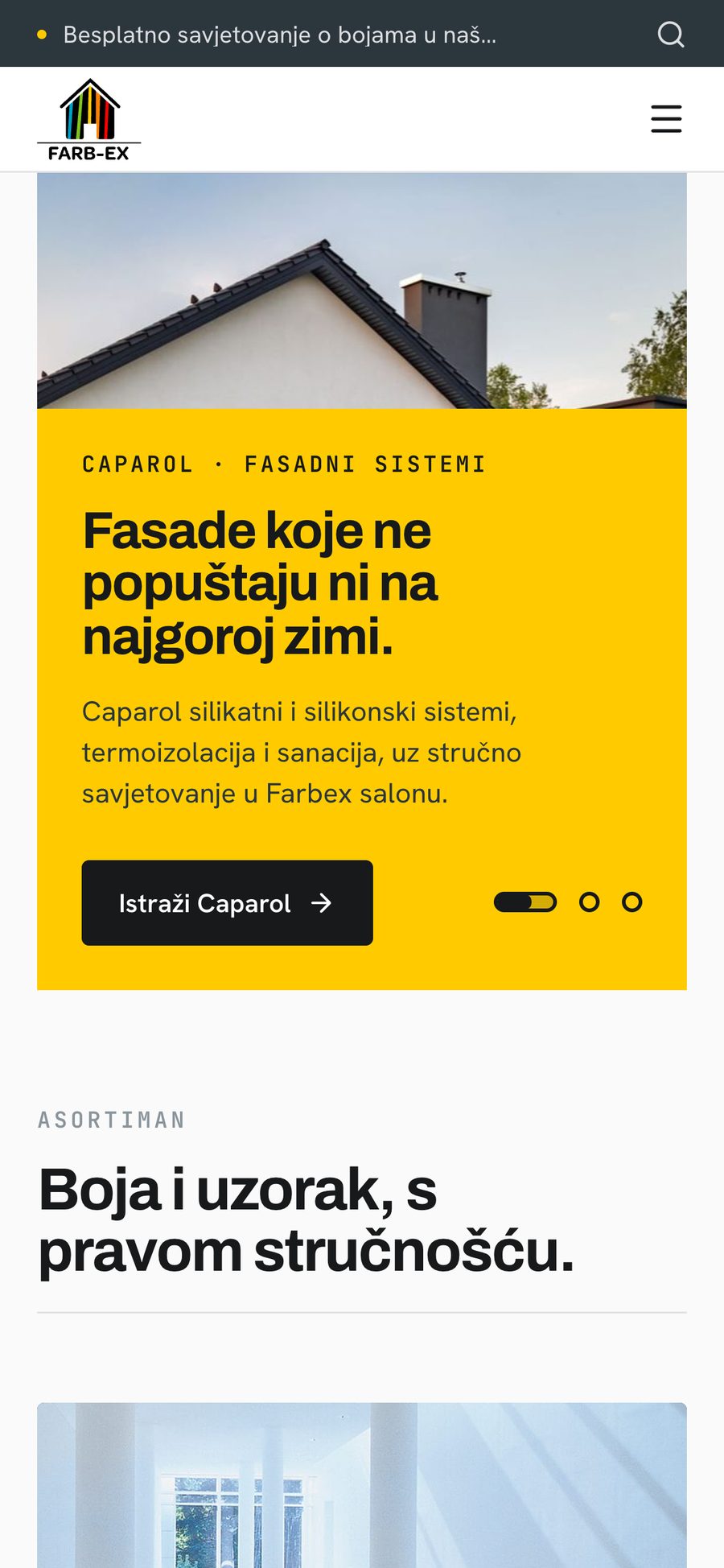 Farbex homepage on mobile, leading with Caparol facade systems