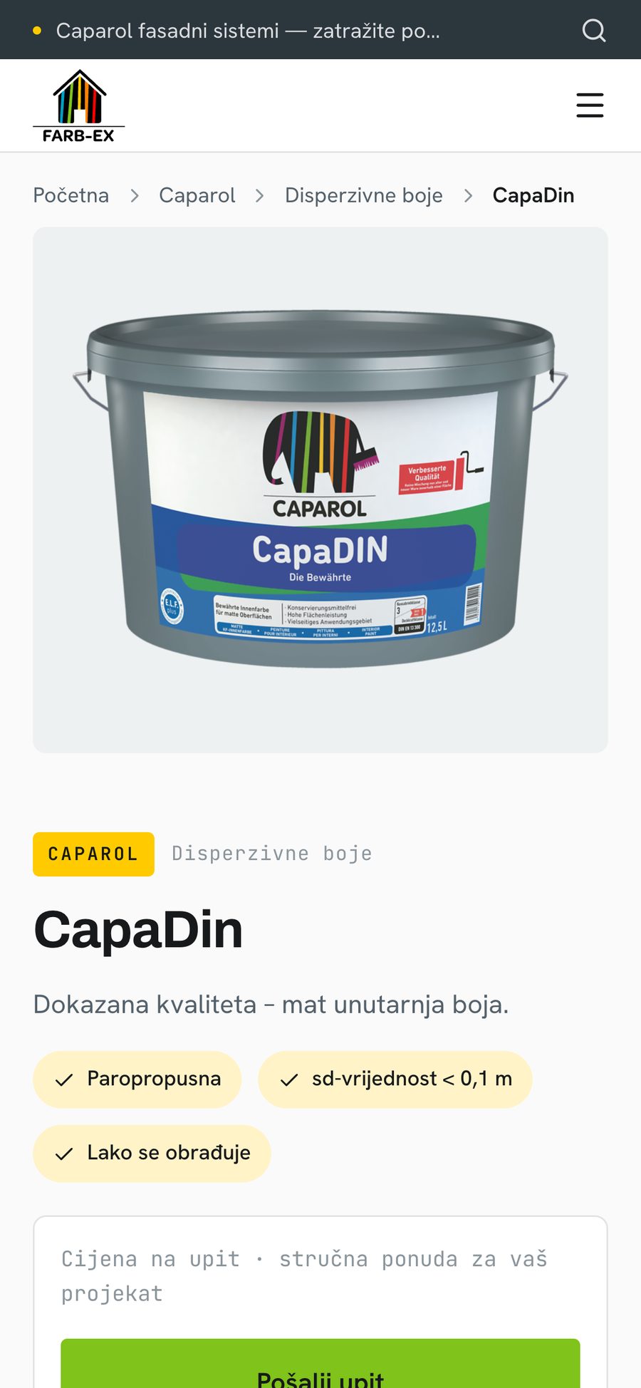 CapaDin interior paint product page on mobile