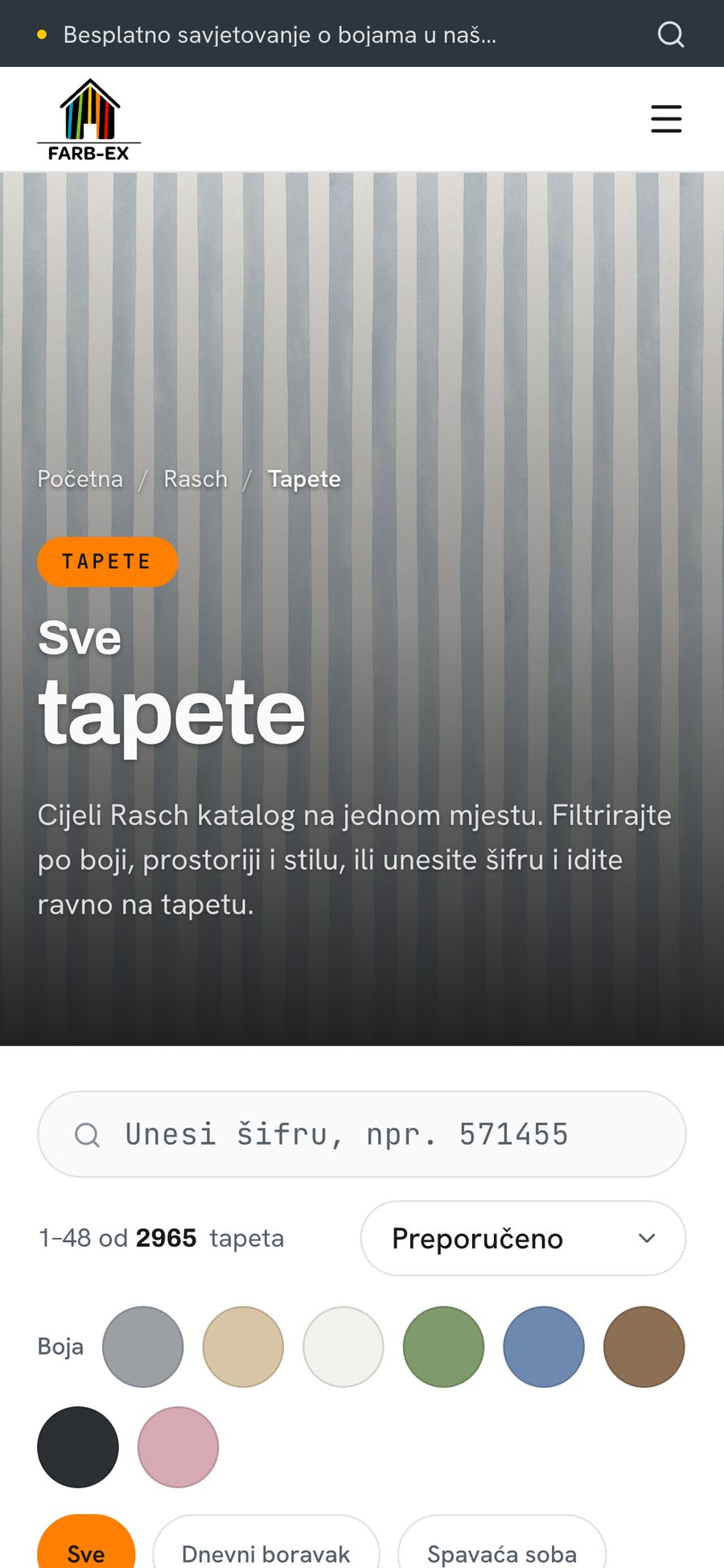 Full Rasch wallpaper catalogue with colour filters on mobile