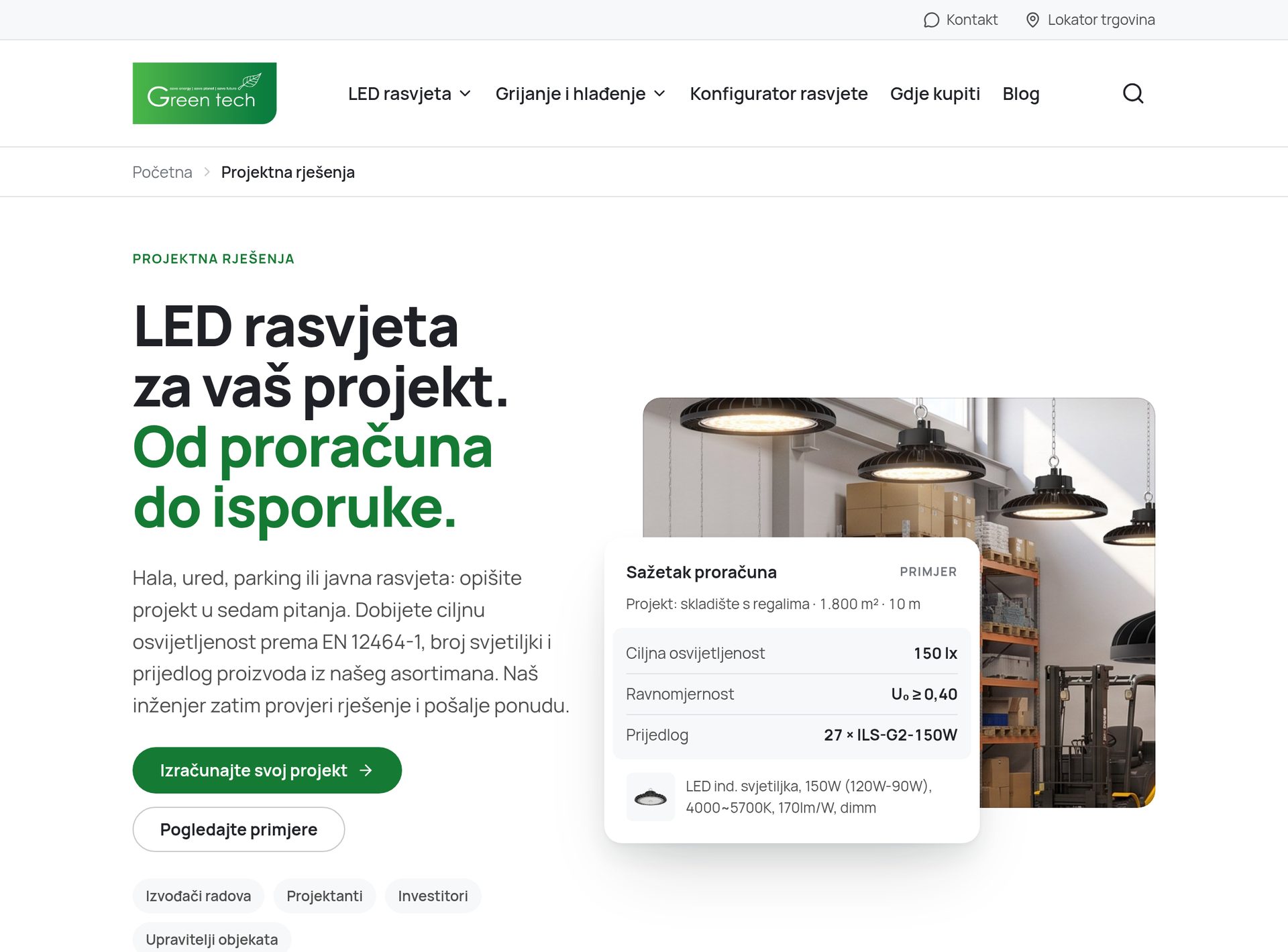 Green Tech project solutions page with a sample lighting budget