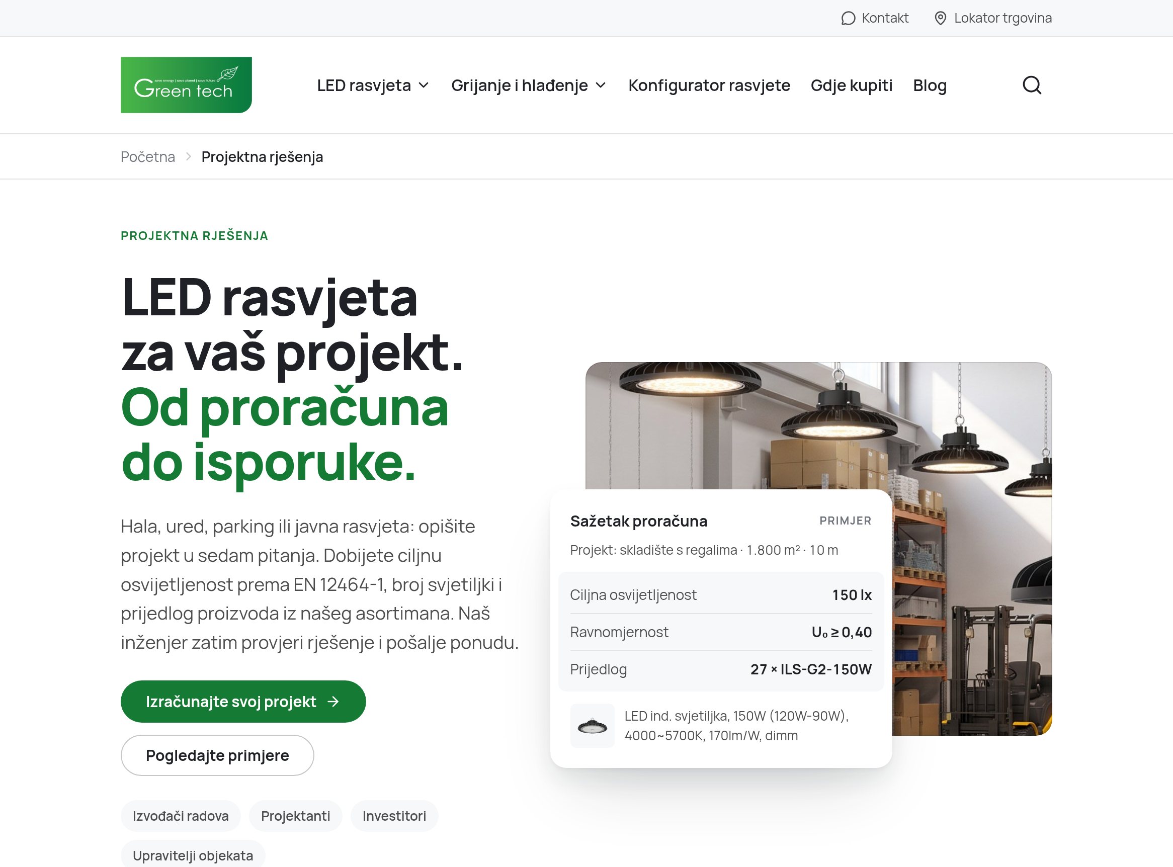 Project solutions page with a sample lighting budget