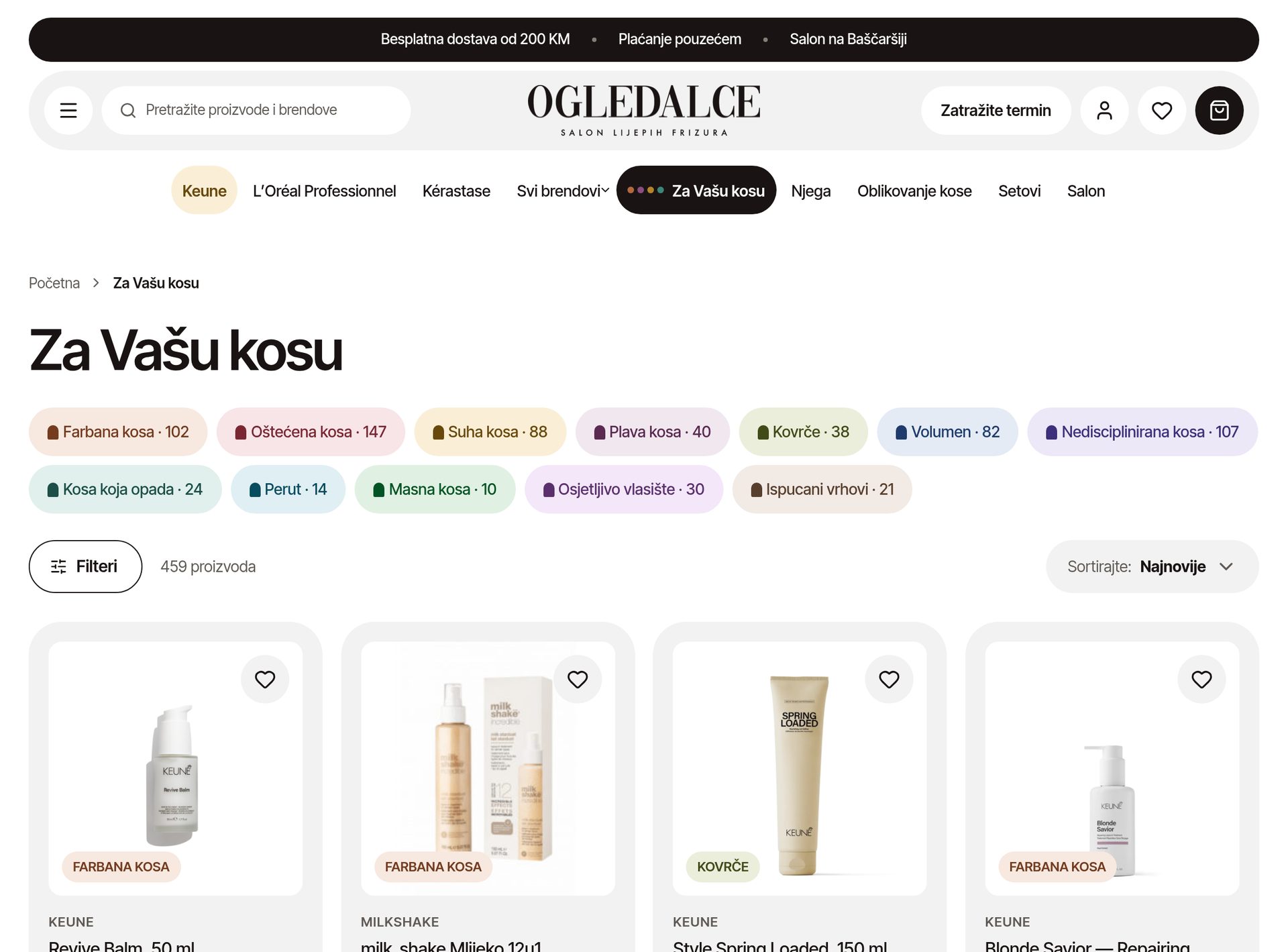 Ogledalce homepage with the professional brands from the salon