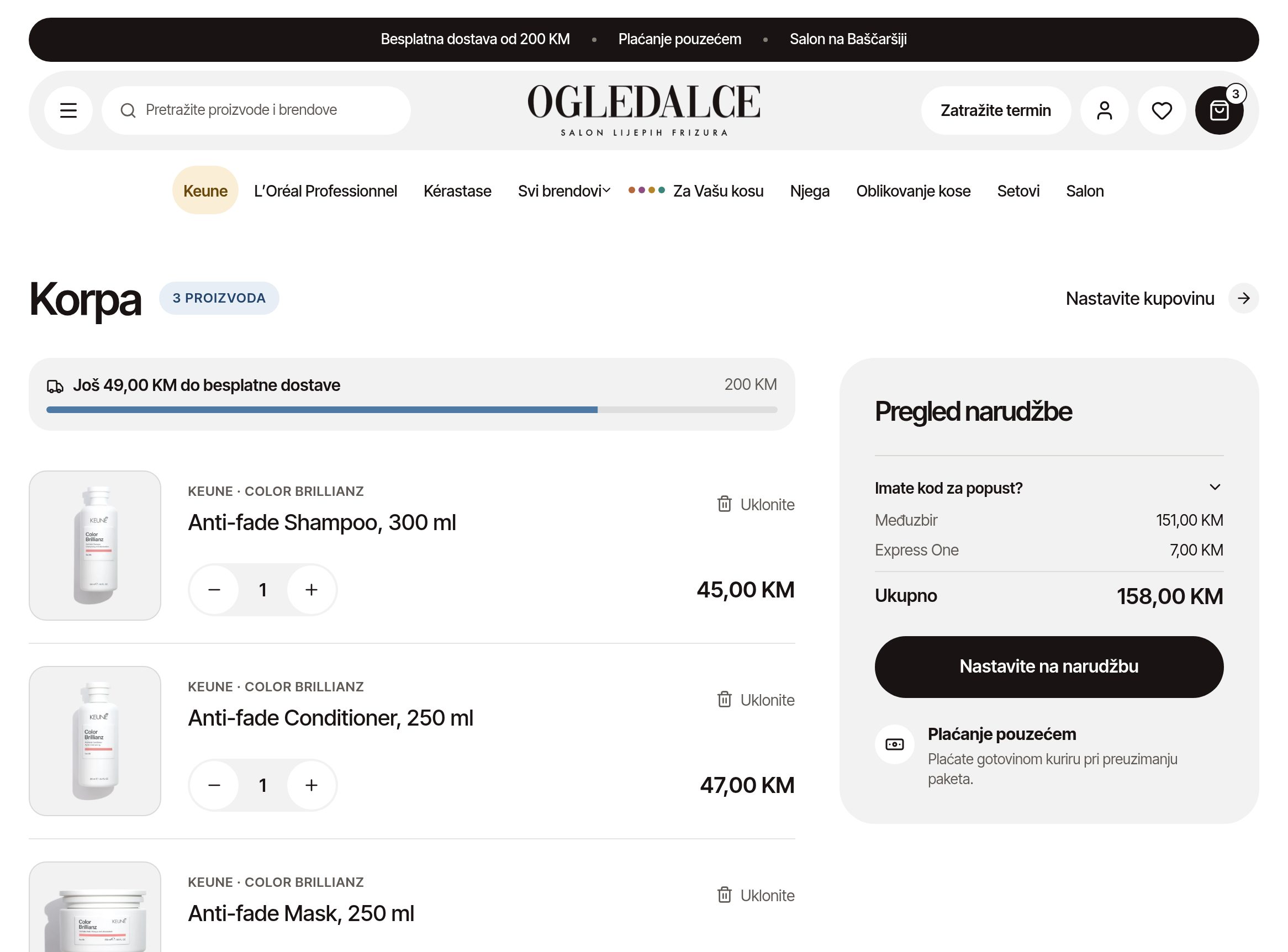 Ogledalce cart with delivery cost and free-delivery threshold