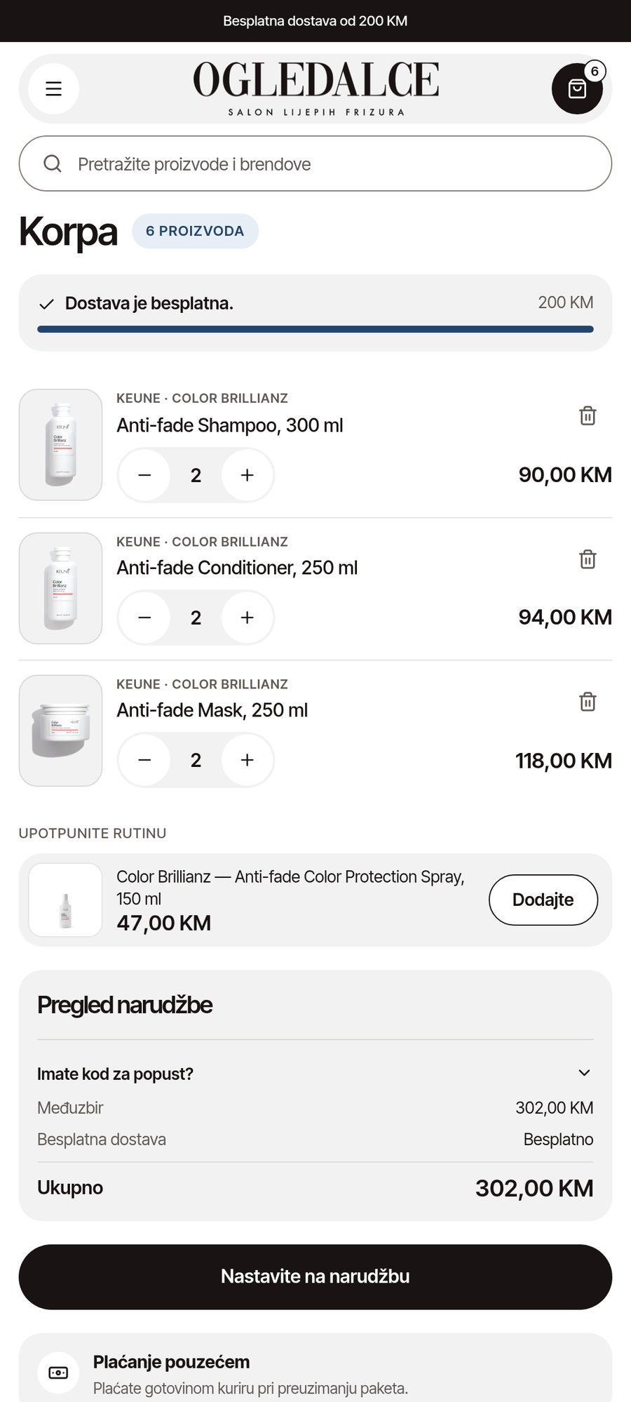 Cart with free delivery and cash on delivery on mobile