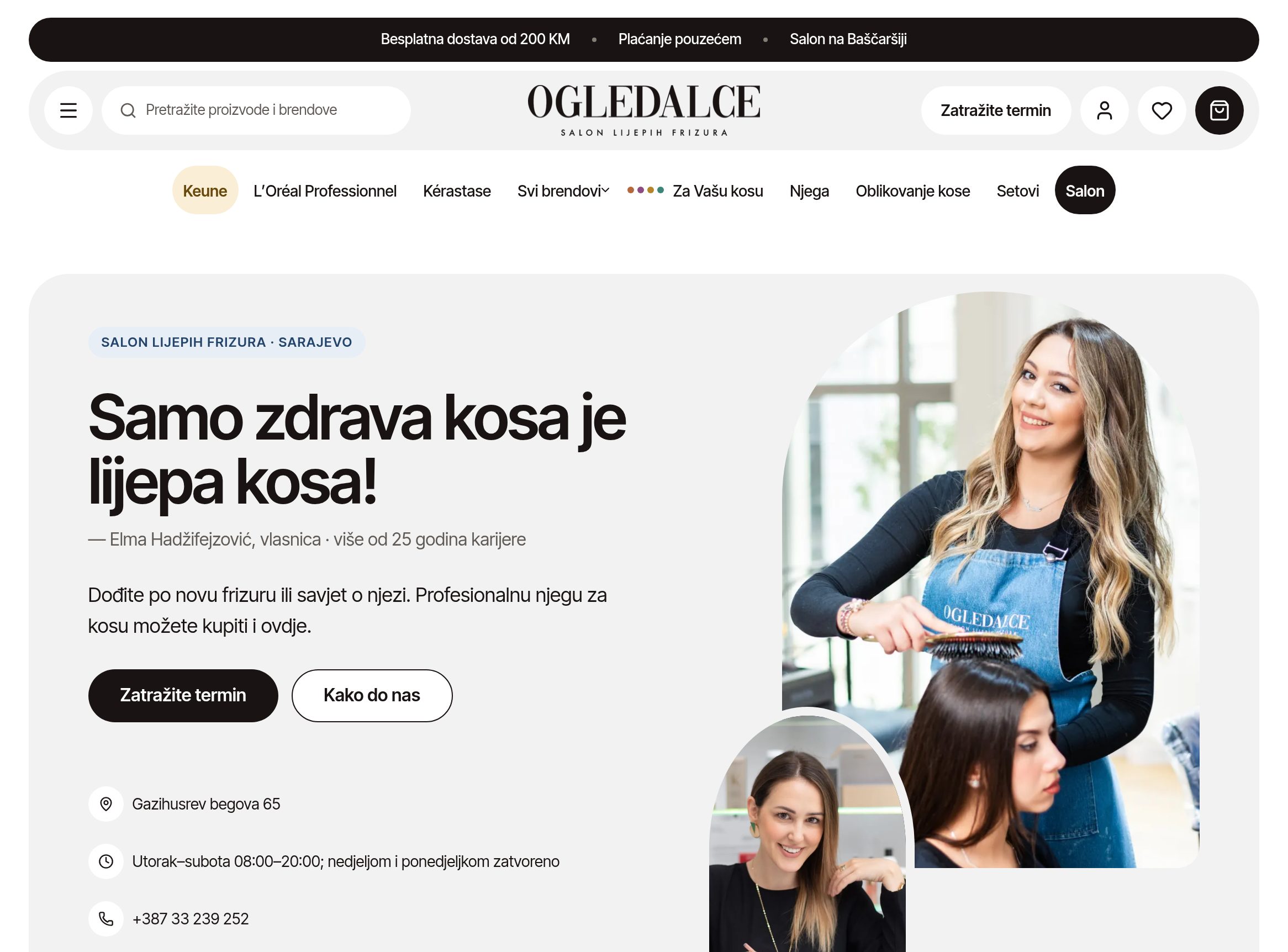 Ogledalce salon page with Elma's quote, team and appointment request